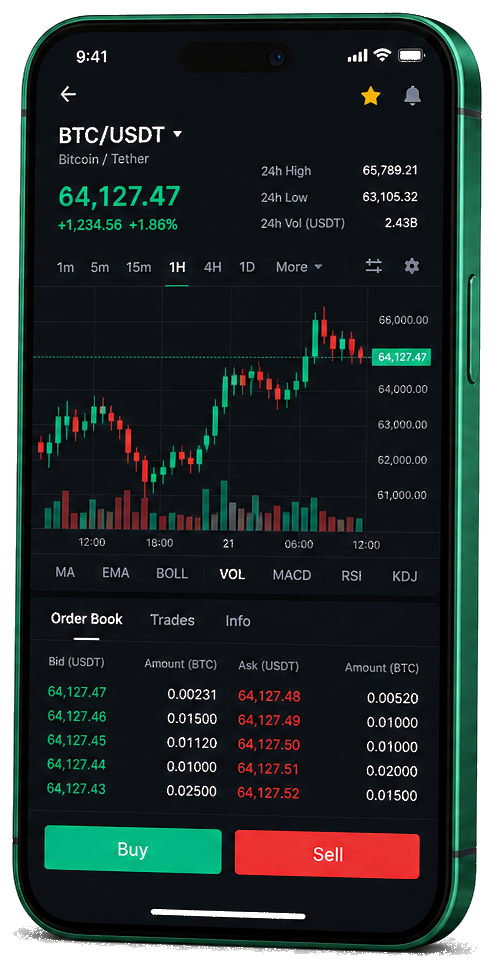 Platformă mobilă de tranzacționare Bursevont — cotații BTC/USDT live, registru de ordine și funcții de execuție